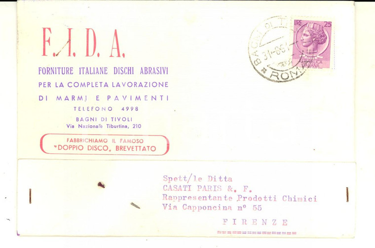 1961 BAGNI DI TIVOLI Ditta F.I.D.A. Dischi abrasivi*Cartolina intestata FG VG