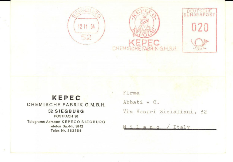 1964 SIEGBURG KEPEC Chemische Fabrik *Cartolina intestata FG VG