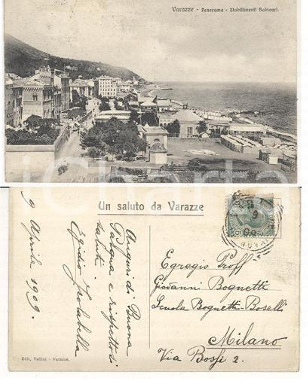 1909 VARAZZE (SV) Panorama e bagni *Cartolina Egidio ISOLABELLA Autografo