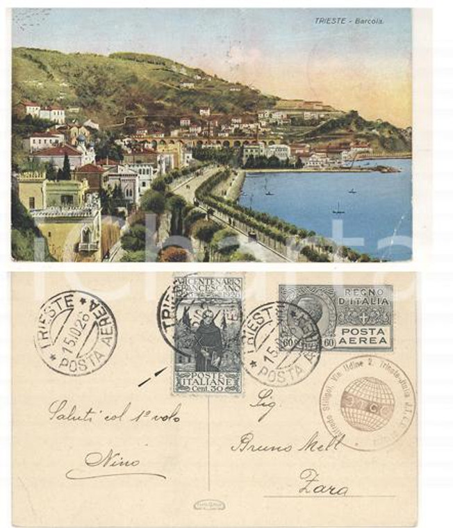 1926 STORIA POSTALE REGNO TRIESTE Barcola - Cartolina 60 cent. POSTA AEREA RARA