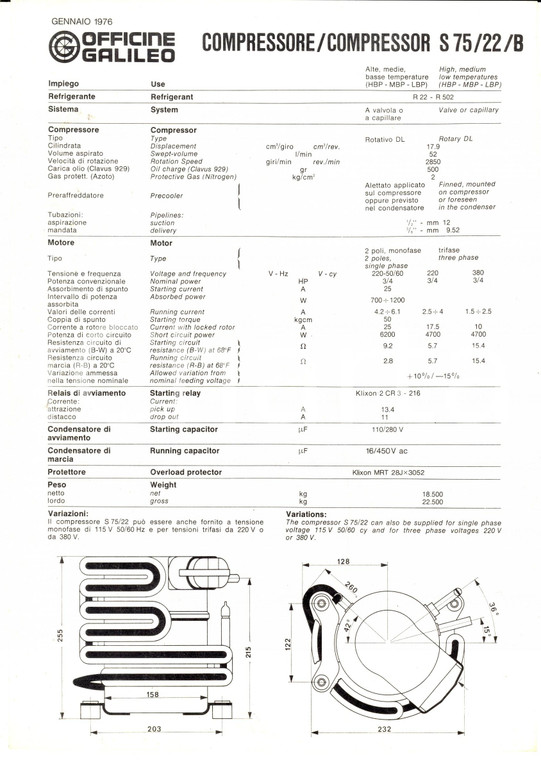 1976 OFFICINE GALILEO FIRENZE Compressore S75 *Volantino pubblicitario