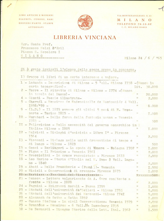 1965 MILANO LIBRERIA VINCIANA Lettera libri in consegna *Sandro PIANTANIDA