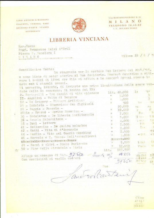 1965 MILANO LIBRERIA VINCIANA Lettera liquidazione libri *Sandro PIANTANIDA