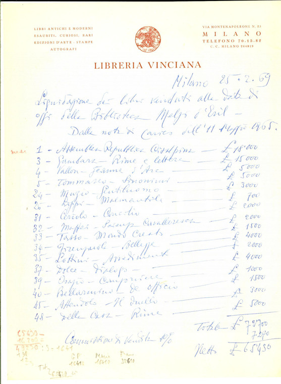 1969 MILANO LIBRERIA VINCIANA Lettera liquidazione biblioteca *Sandro PIANTANIDA