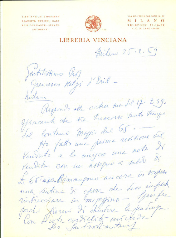 1969 MILANO LIBRERIA VINCIANA Lettera per vendita di libri *Sandro PIANTANIDA