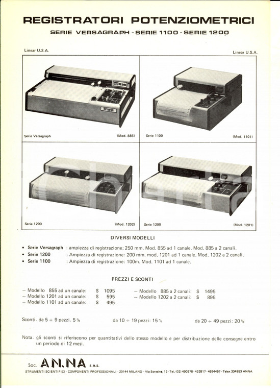 1970 ca MILANO Società AN. NA. Registratori potenziometrici 1200 *Volantino