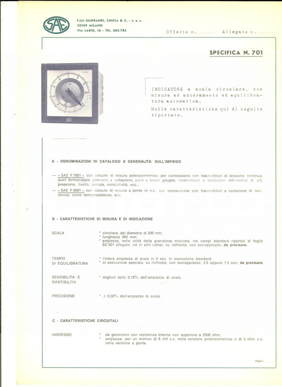 1969 MILANO F.lli SILIPRANDI, CHIESA & C. Specifica indicatore a scala circolare