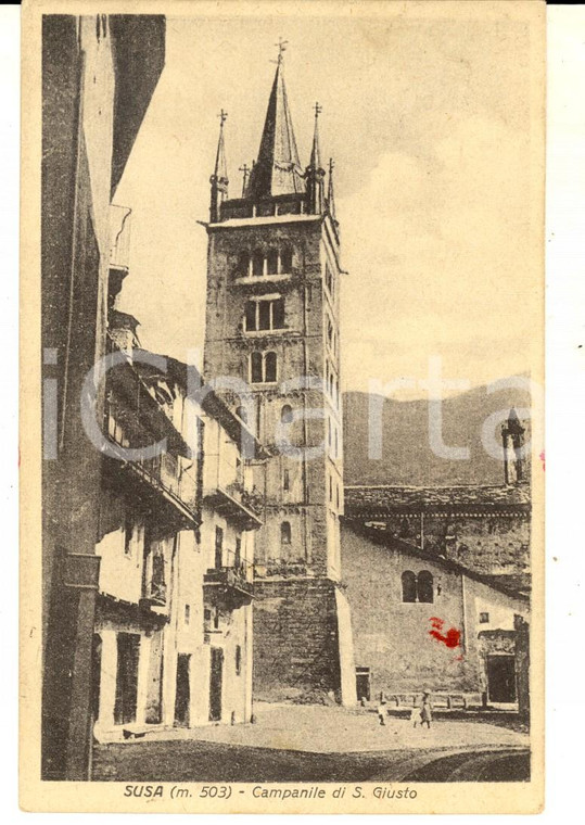1927 SUSA (TO) Veduta con il campanile di SAN GIUSTO *Cartolina DANNEGGIATA