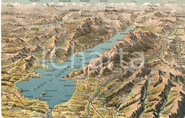 1925 LAGO DI GARDA Panorama illustrato con riferimenti geografici *Cartolina FP
