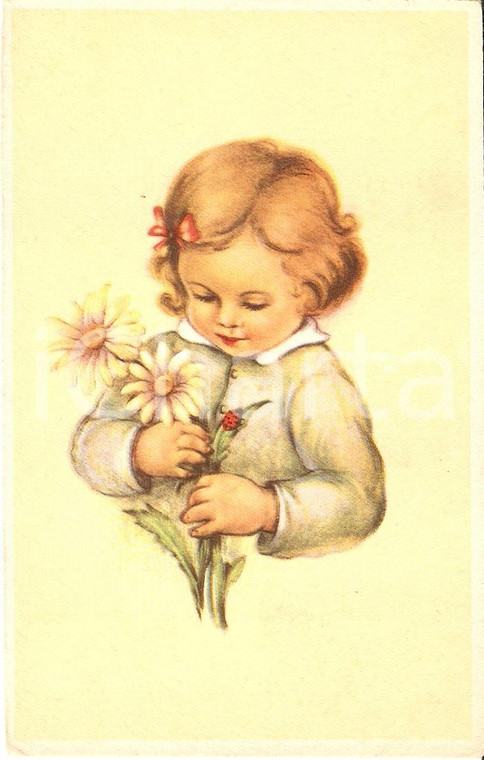 1950 ca PRIMAVERA Bambina con fiorellini e coccinella *Cartolina FP NV