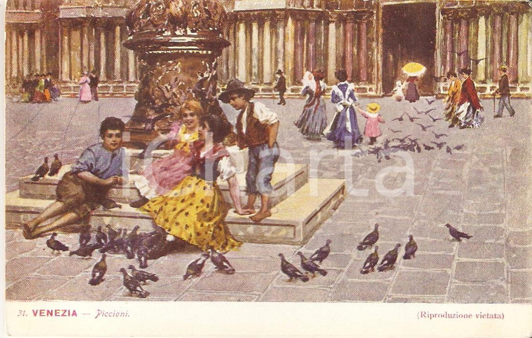 1925 ca VENEZIA Bambini giocano con piccioni *Cartolina ILLUSTRATA FP NV
