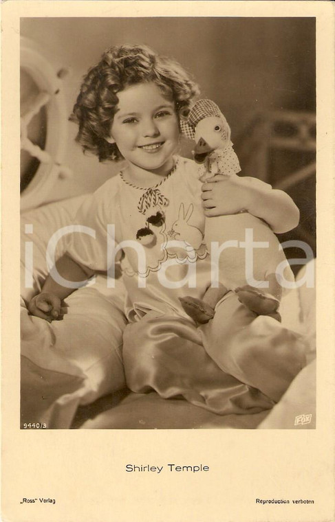 1936 CINEMA Shirley TEMPLE gioca con oca di peluche *Cartolina FP VG