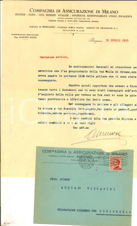 1925 BERGAMO Compagnia di Assicurazione di Milano -  Lettera con busta intestata