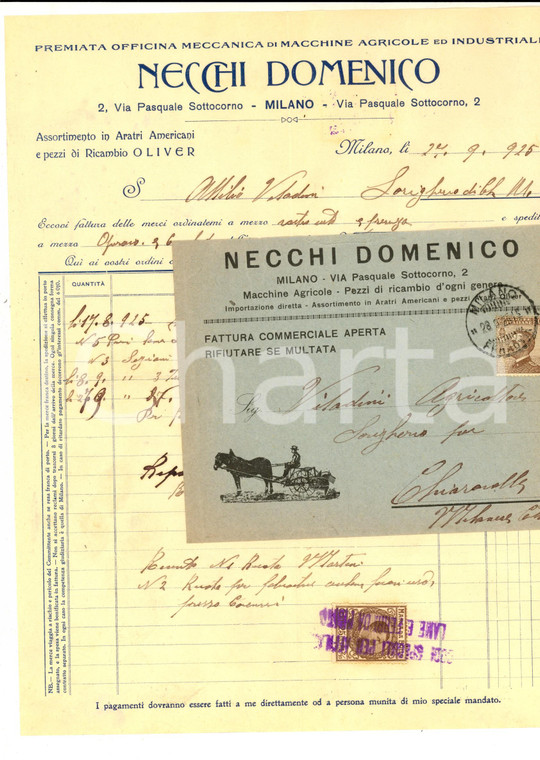 1925 MILANO Domenico NECCHI Officina meccanica - Fattura intestata con busta