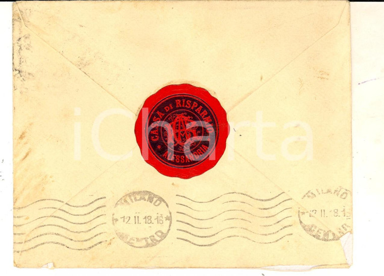 1918 STORIA POSTALE ALESSANDRIA Cassa di Risparmio - Busta VUOTA chiudilettera