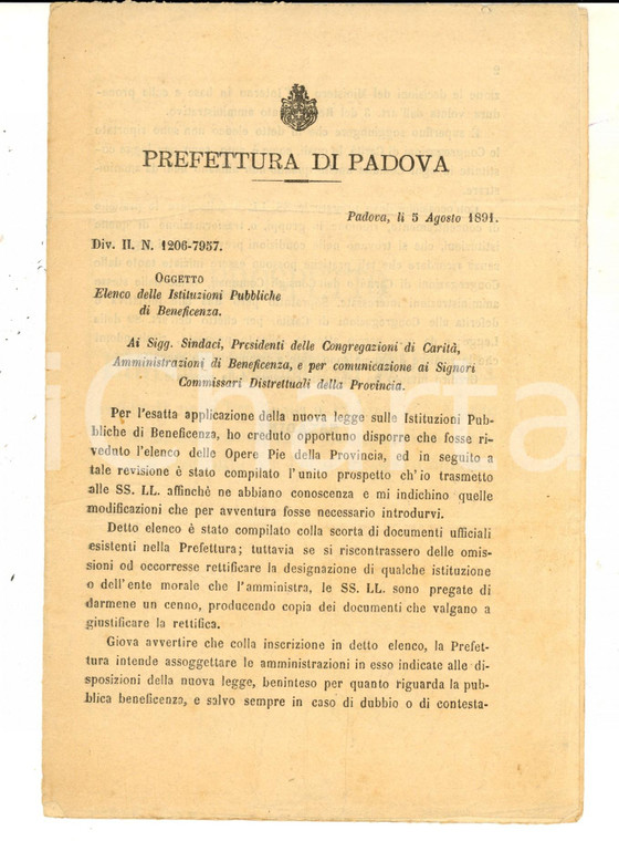 1891 PADOVA Prospetto istituzioni pubbliche di beneficenza nella provincia