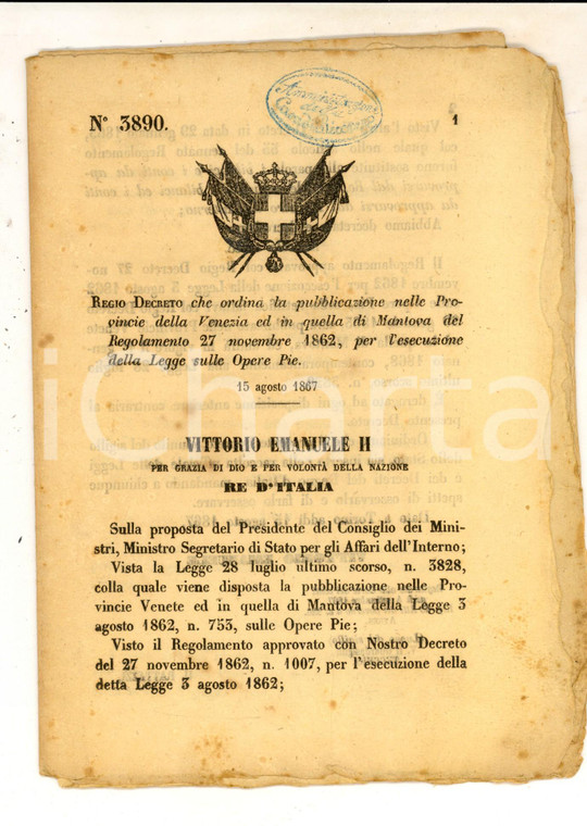 1867 MANTOVA e VENEZIA Legge sull'amministrazione delle Opere Pie *Decreto 3890