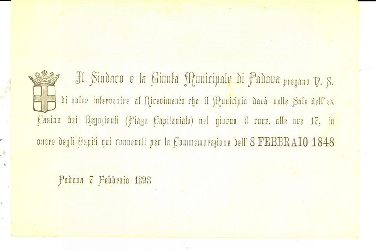 1898 PADOVA Invito per ricevimento all'ex Casino dei Negozianti *VINTAGE
