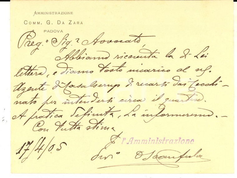 1905 PADOVA Amministrazione Comm. G. DA ZARA *Biglietto intestato 14x11 VINTAGE