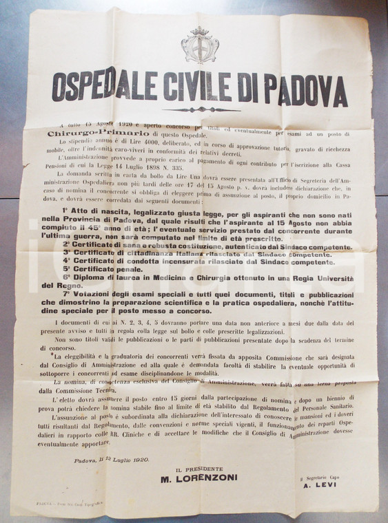 1920 PADOVA Ospedale Civile - Concorso per posto di chirurgo primario *Manifesto