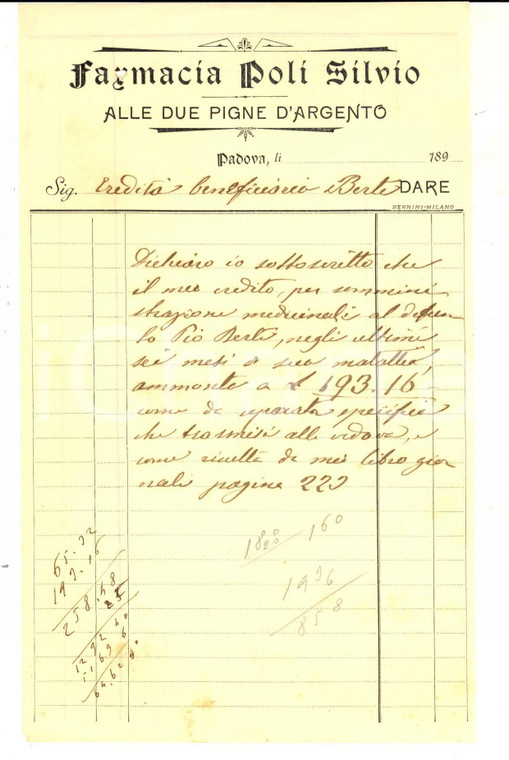 1890 ca PADOVA Farmacia Silvio POLI Alle Due Pigne d'Argento *Conto manoscritto
