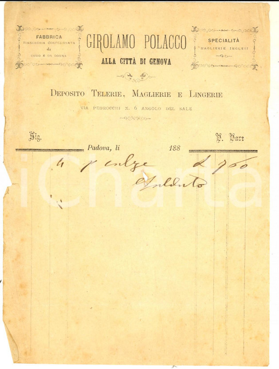 1880 ca PADOVA Girolamo POLACCO - Telerie e maglierie *Fattura intestata