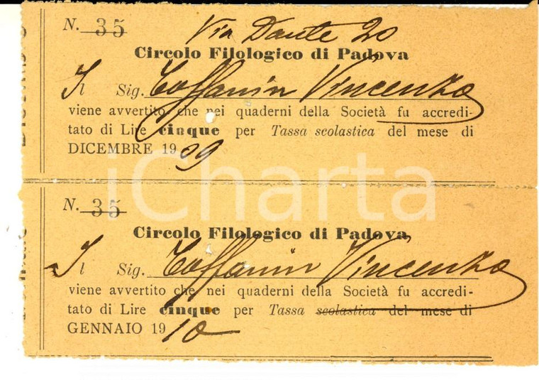 1909 PADOVA Circolo Filologico - Ricevuta per tassa scolastica *VINTAGE