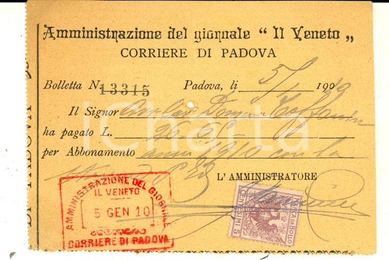 1909 PADOVA Giornale IL VENETO - CORRIERE DI PADOVA *Ricevuta abbonamento