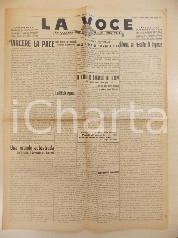 1943 WW2 PADOVA LA VOCE Raccolto granario - Riscatto di imposte *Giornale