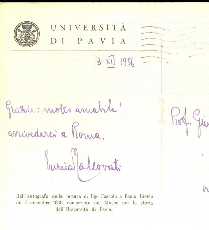 1956 Università di PAVIA Cartolina Enrica MALCOVATI per ringraziamento AUTOGRAFO