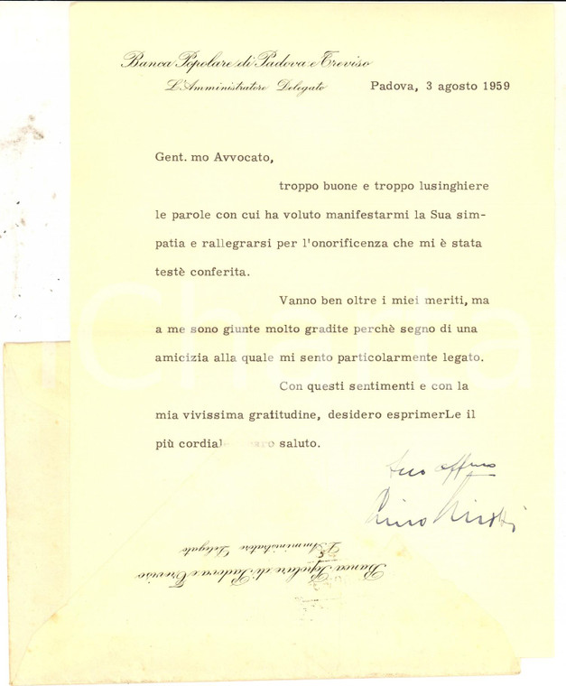 1959 BANCA POPOLARE DI PADOVA E DI TREVISO Lettera ad Lino MIOTTI *Autografo