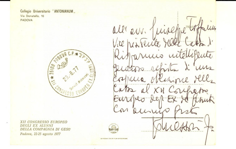 1977 PADOVA Collegio ANTONIANUM Cartolina p. Carlo MESSORI RONCAGLIA Autografo