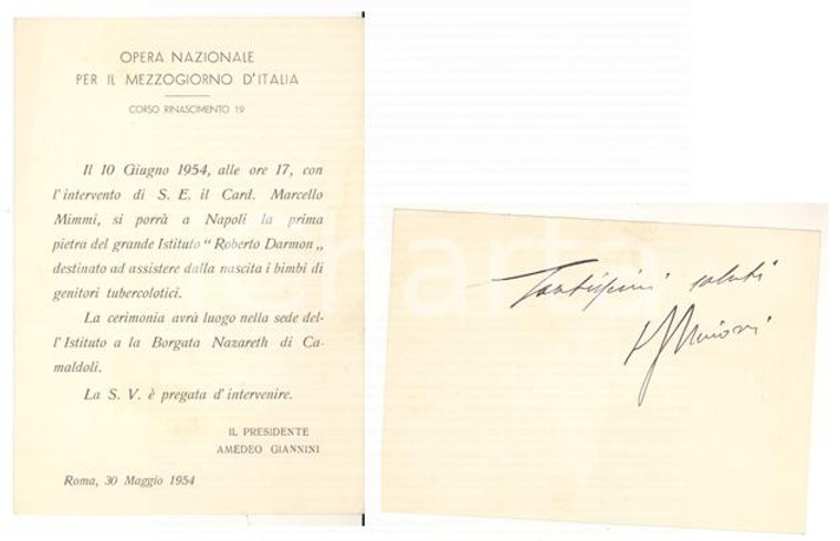1954 NAPOLI Nascita istituto DARMON - Invito padre Giovanni MINOZZI - AUTOGRAFO