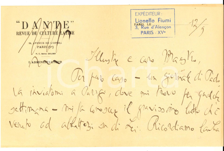 1940 ca PARIS Lionello FIUMI porge le condoglianze a un collega *AUTOGRAFO