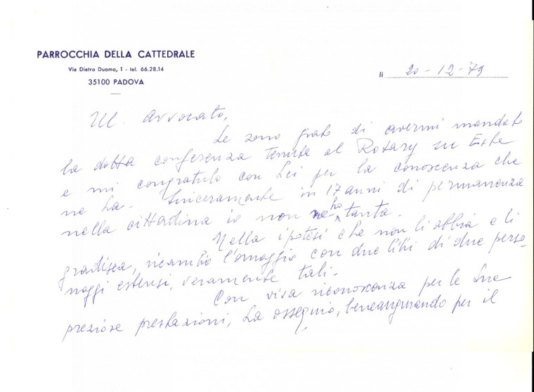 1979 PADOVA Don Giovanni FOFFANI ringrazia per conferenza su Este *Autografo