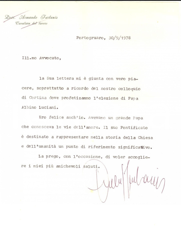 1978 PORTOGRUARO Armando FURLANIS in ricordo di papa LUCIANI *Autografo