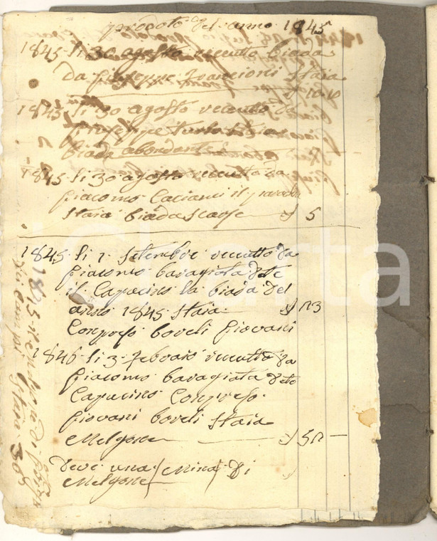 1844-1854 ca VALDUGGIA Nota del grano per casa e dei fitti ricevuti *Manoscritto