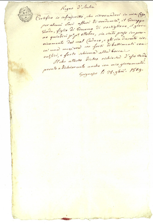1809 REGNO D'ITALIA GRIGNASCO Certificato per crisi epilettica di Giuseppe VERDA