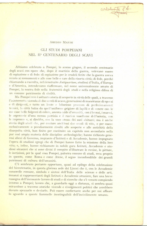 1948 Amedeo MAIURI Gli studi pompeiani nel II centenario degli scavi *Autografo