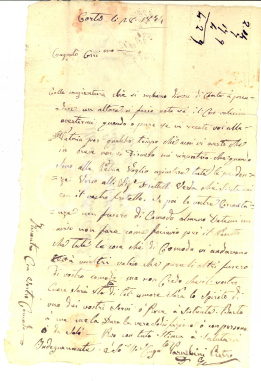 1834 CORTE / VALDUGGIA Pietro PARRACHINI contro i comodi del cognato *Lettera