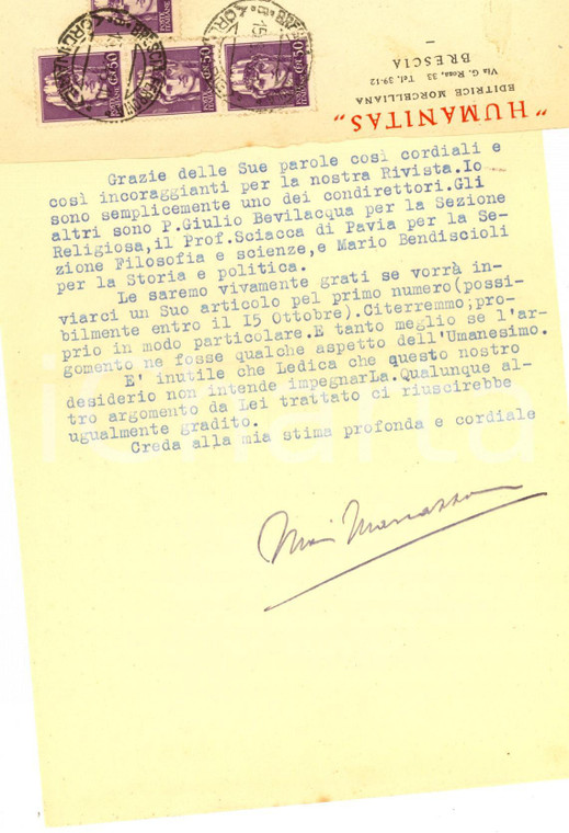 1945 BRESCIA Prof. Mario MARCAZZAN chiede articolo per HUMANITAS *Autografo