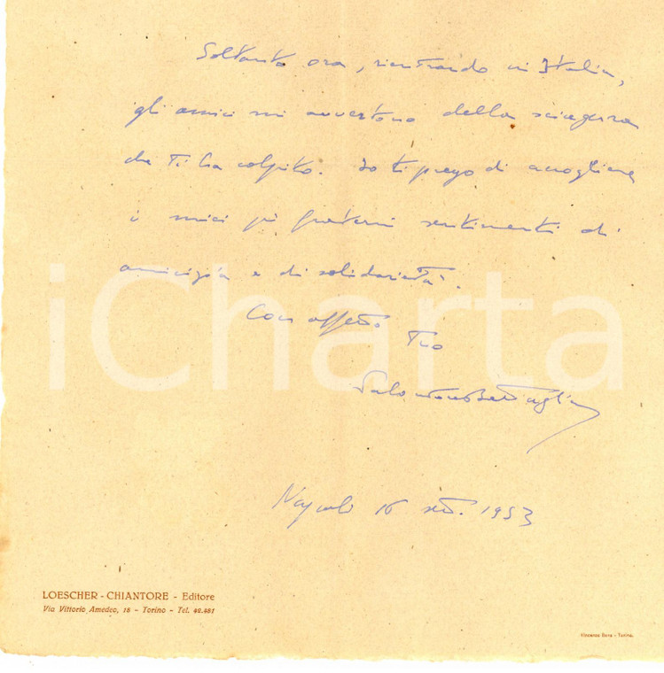 1953 NAPOLI Salvatore BATTAGLIA porge le condoglianze a un collega *Autografo