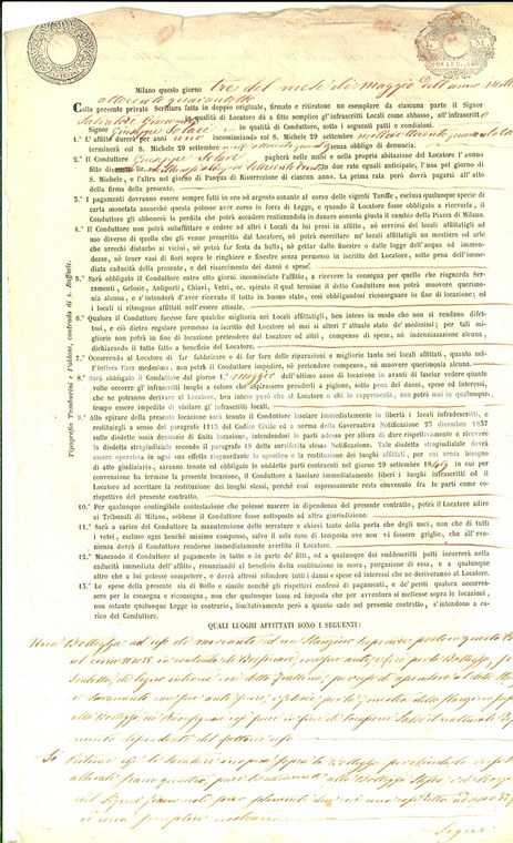 1848 MILANO Salvatore GIACOMOLI affitta bottega a Giuseppe SOLARI *Contratto