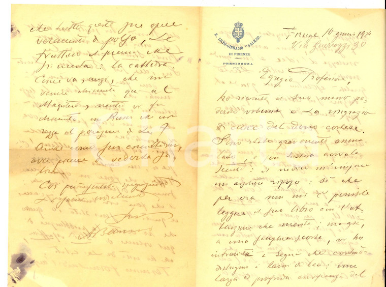 1924 FIRENZE Liceo GALILEO Preside Antonio BELLONI ringrazia per libro AUTOGRAFO