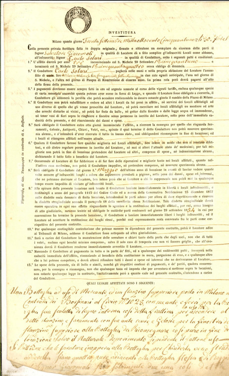 1851 MILANO Salvatore GIACOMOLI affitta bottega contrada BORSINARI *Contratto