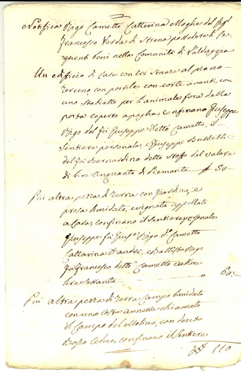 1825 VALDUGGIA Catastino beni di Caterina RIGO VERDA *Manoscritto 14 pp.