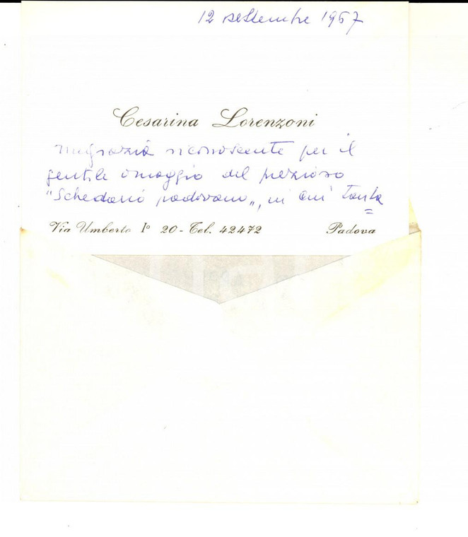 1967 PADOVA Biglietto da visita Cesarina LORENZONI per ringraziamento *Autografo