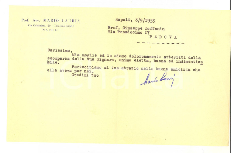 1953 NAPOLI Avv. Mario LAURIA porge le condoglianze a un collega *Lettera