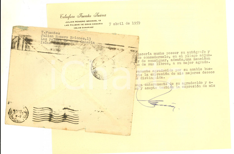 1959 LAS PALMAS Telesforo FUENTES SUAREZ chiede un autografo *Lettera