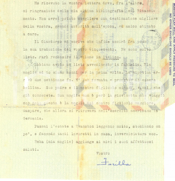 1954 EVANSTON Joseph FUCILLA promette la recensione di un volume *Autografo